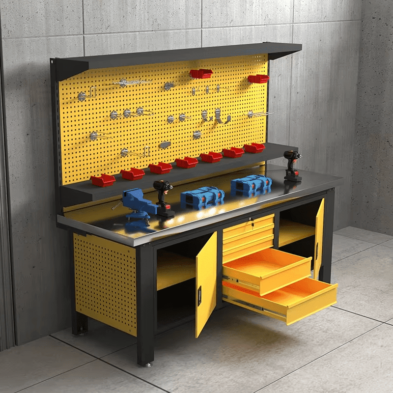 PBD - 29 Industrial Heavy Duty Cold Rolled Steel Workbench & Tool Cabinet | 2 - Ton Load Capacity Modular Workshop Storage System | Customizable Garage Workstation with Pegboard & Lockable Drawers - AutoToolCabinets