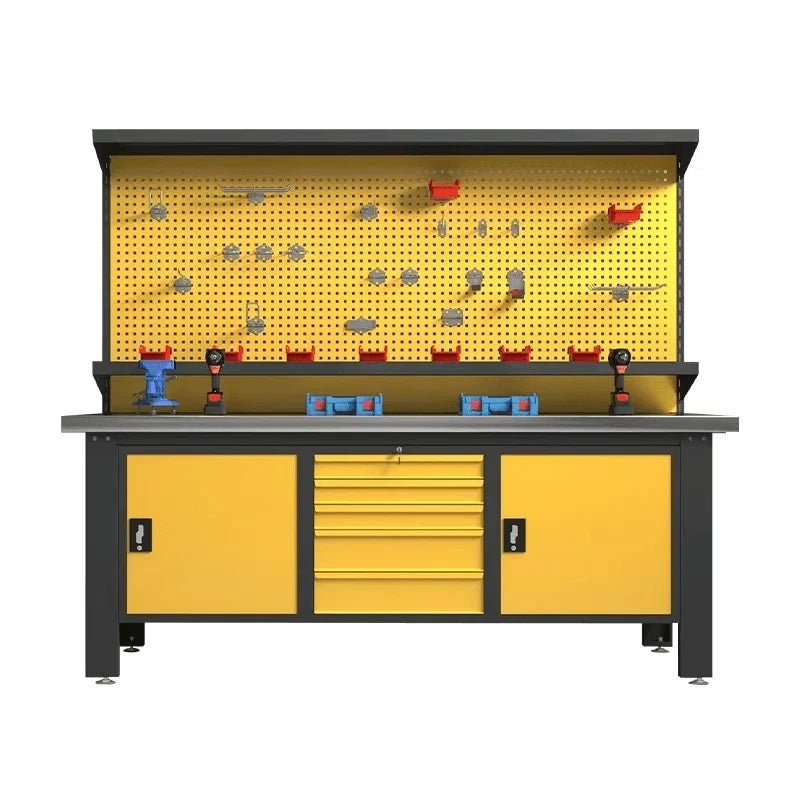 LANSHUO PBD-29 yellow tool storage workbench with pegboard, central drawers and lockable side cabinets