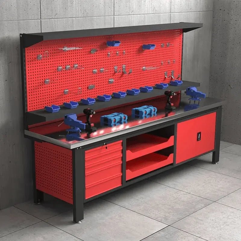 Red LANSHUO PBD-29 customizable workshop workbench with pegboard, drawer unit, shelves and cabinet