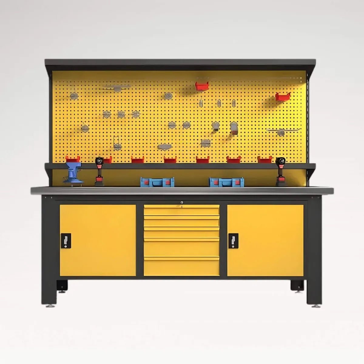 LANSHUO PBD-29 yellow workshop workbench with pegboard, drawers and two lockable tool cabinets