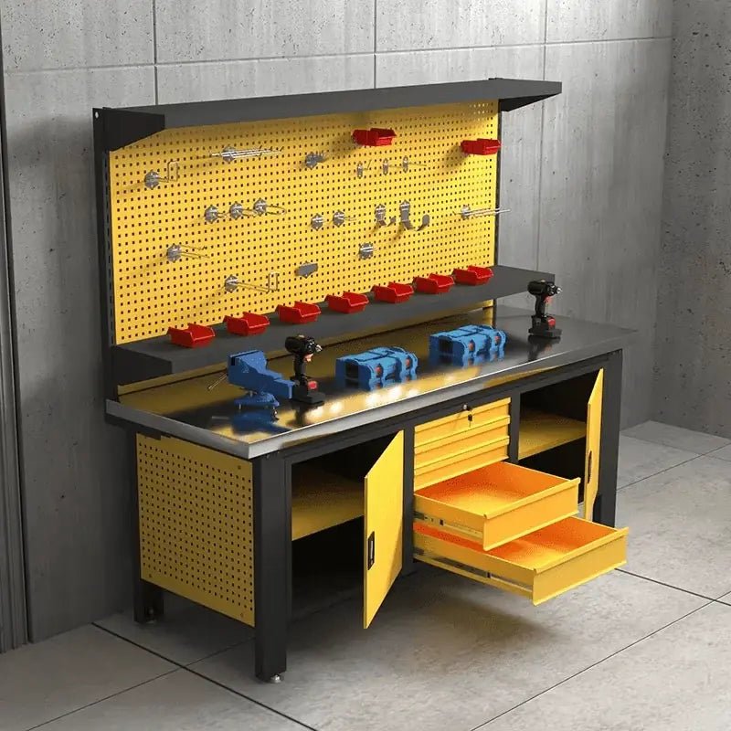 Yellow LANSHUO PBD-29 workbench with open cabinets and drawers, pegboard hooks and metal worktop