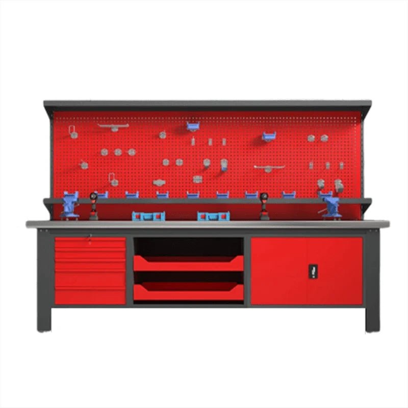 Front view of red LANSHUO PBD-29 industrial workbench with pegboard, drawers, shelves and lockable cabinet