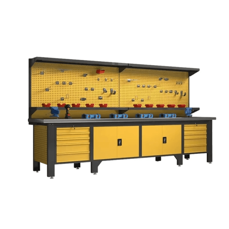 Extended LANSHUO PBD-29 modular workshop workbench with dual pegboards, drawers and storage cabinets