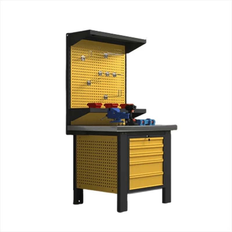 Side view of LANSHUO PBD-29 compact workshop workbench with pegboard and yellow drawer cabinet