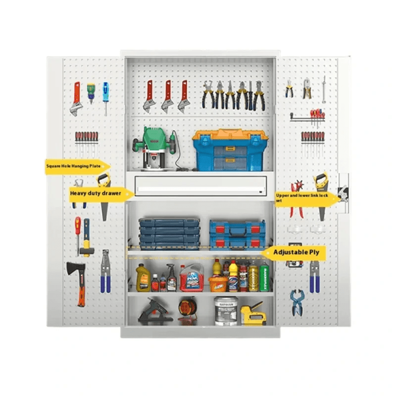 Open PBD-30 workshop cabinet showing pegboard tools, storage shelves, drawer and adjustable compartments