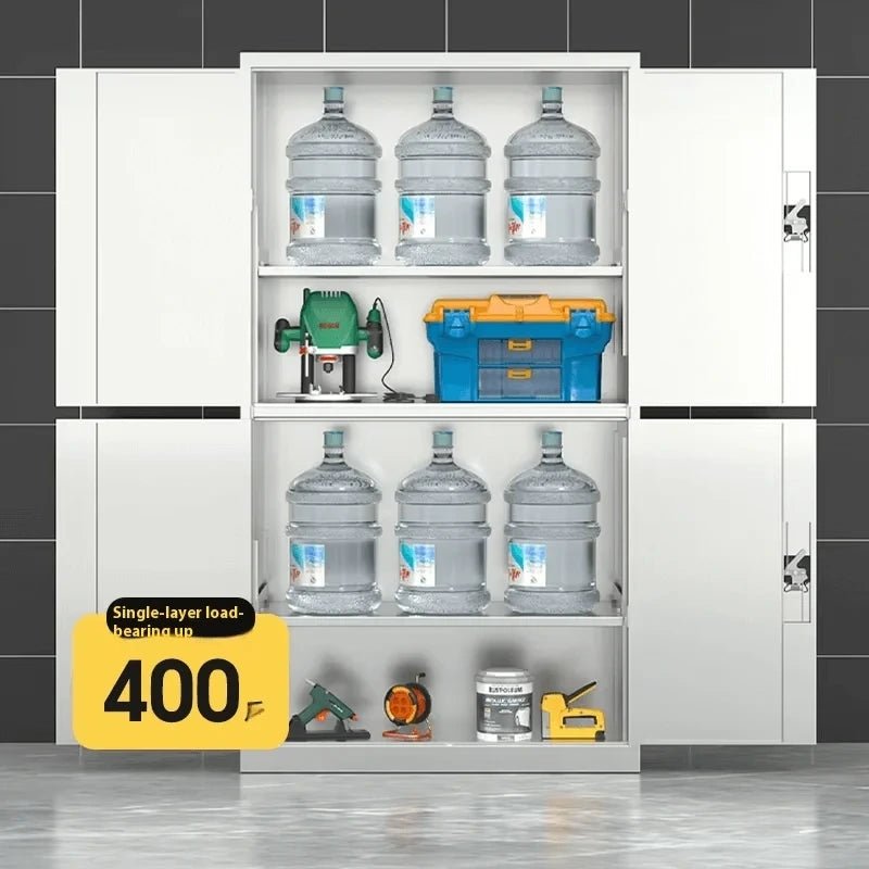 PBD-30 white storage cabinet with adjustable shelves holding six water containers and tool cases