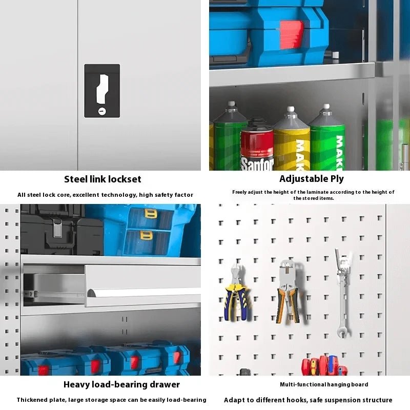 PBD-30 cabinet feature details showing steel lock, adjustable shelf, heavy-duty drawer and pegboard hooks