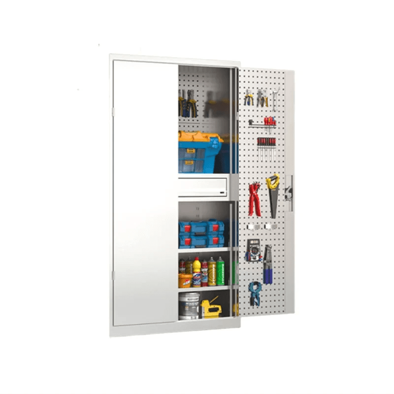 Narrow white PBD-30 single-door tool organizer cabinet with pegboard, shelves and workshop supplies