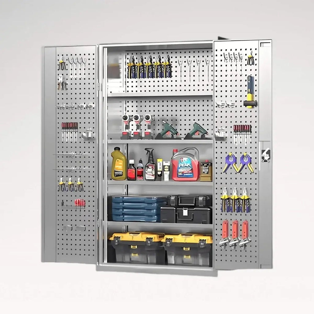 LANSHUO PBD-30 white industrial tool organizer cabinet with open pegboard doors, shelves and drawers