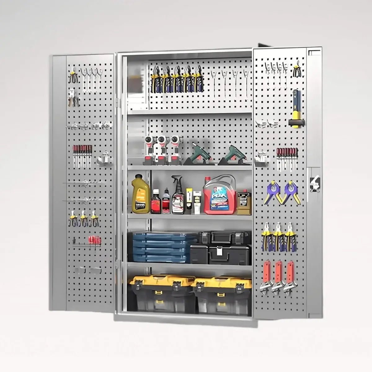 LANSHUO PBD-30 white industrial tool organizer cabinet with open pegboard doors, shelves and drawers