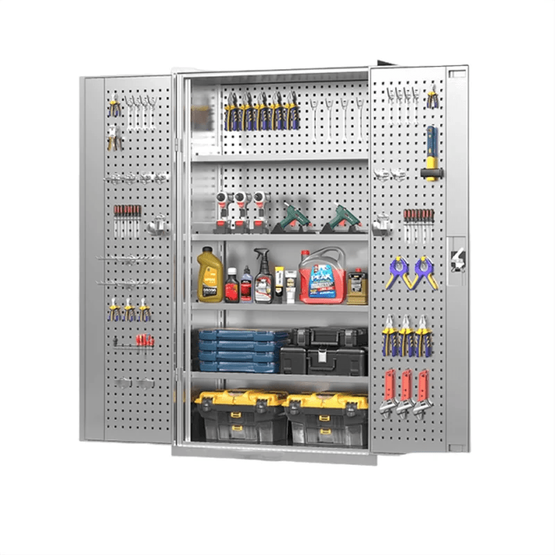 Front view of PBD-30 metal tool cabinet with pegboard door storage and organized workshop supplies